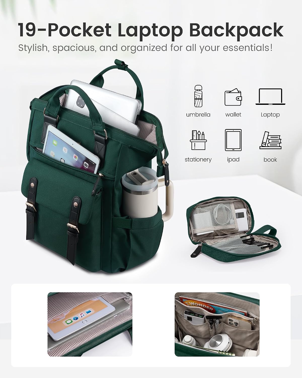 Laptop Backpack for Women with Giant Tumbler Holder Pocket,15.6 inch Waterproof Travel Backpack Purse Computer Laptop Bag