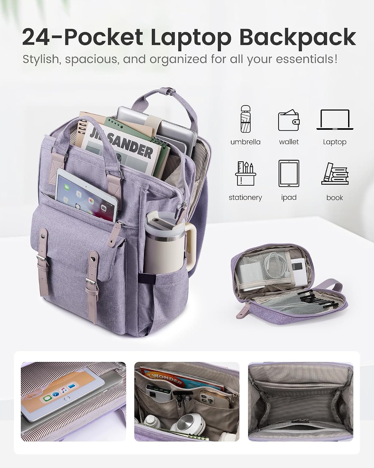 Laptop Backpack for Women with Giant Tumbler Holder Pocket,15.6 inch Waterproof Travel Backpack Purse Computer Laptop Bag