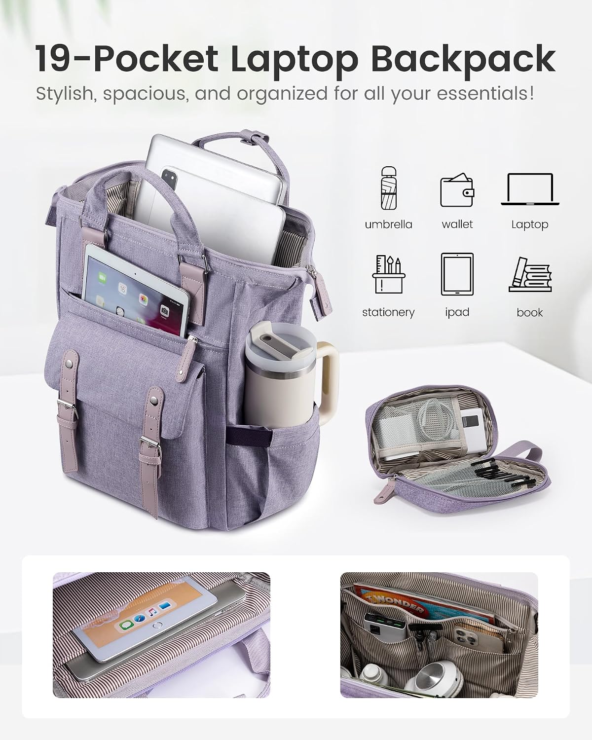 Laptop Backpack for Women with Giant Tumbler Holder Pocket,15.6 inch Waterproof Travel Backpack Purse Computer Laptop Bag
