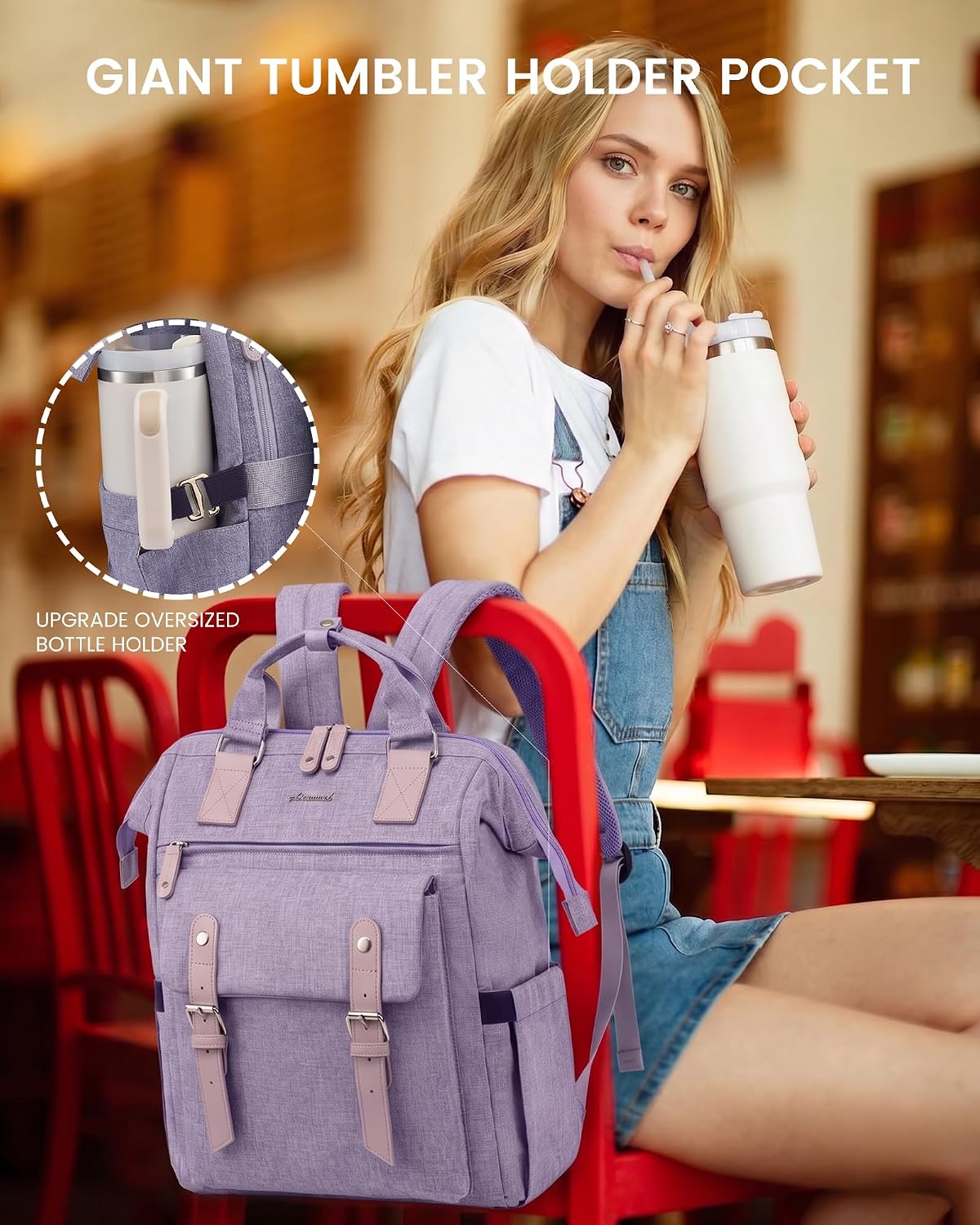 Laptop Backpack for Women with Giant Tumbler Holder Pocket,15.6 inch Waterproof Travel Backpack Purse Computer Laptop Bag