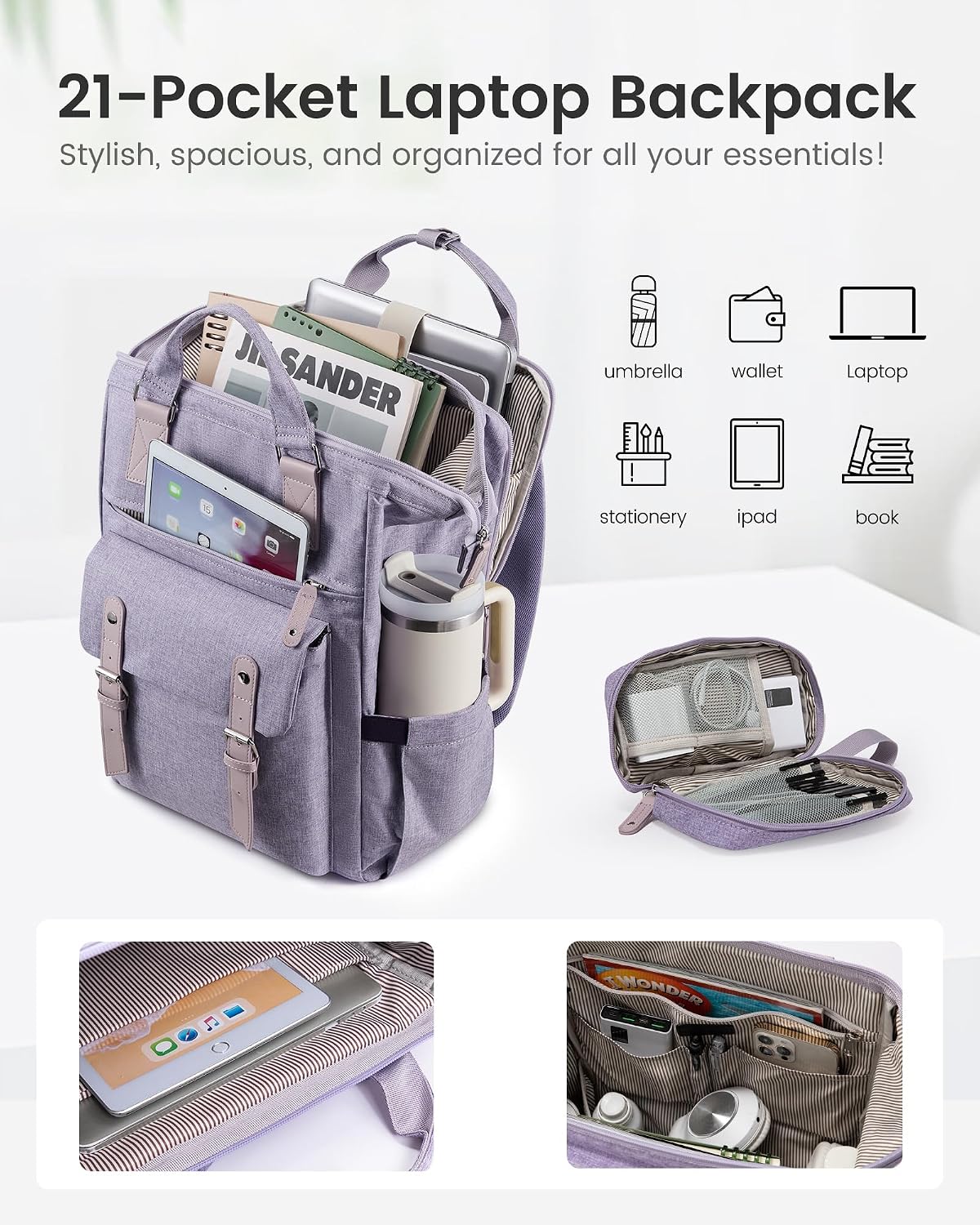 Laptop Backpack for Women with Giant Tumbler Holder Pocket,15.6 inch Waterproof Travel Backpack Purse Computer Laptop Bag