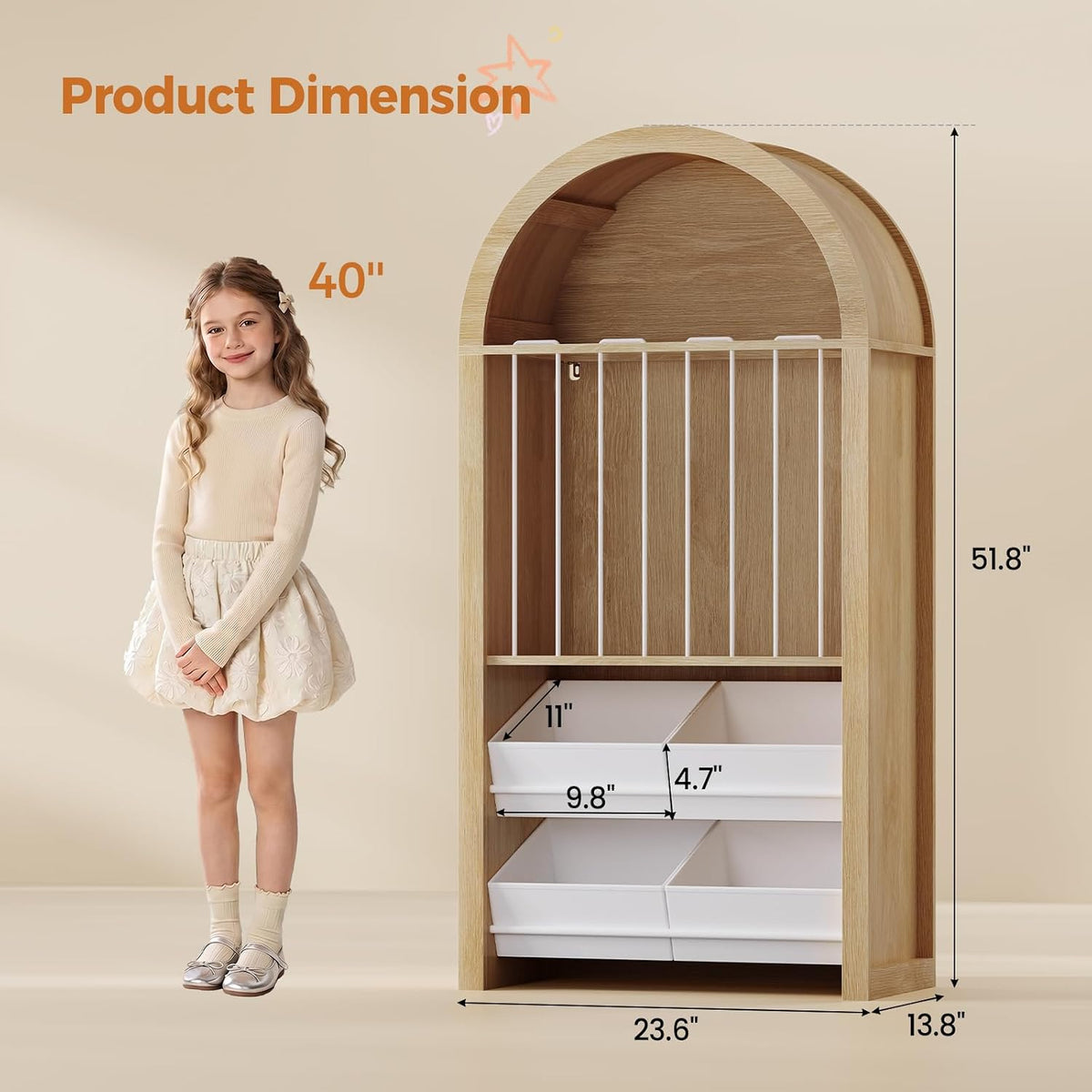 UPOSOJA 51.8" Tall Arched Toy Storage Cabinets, Oak Color