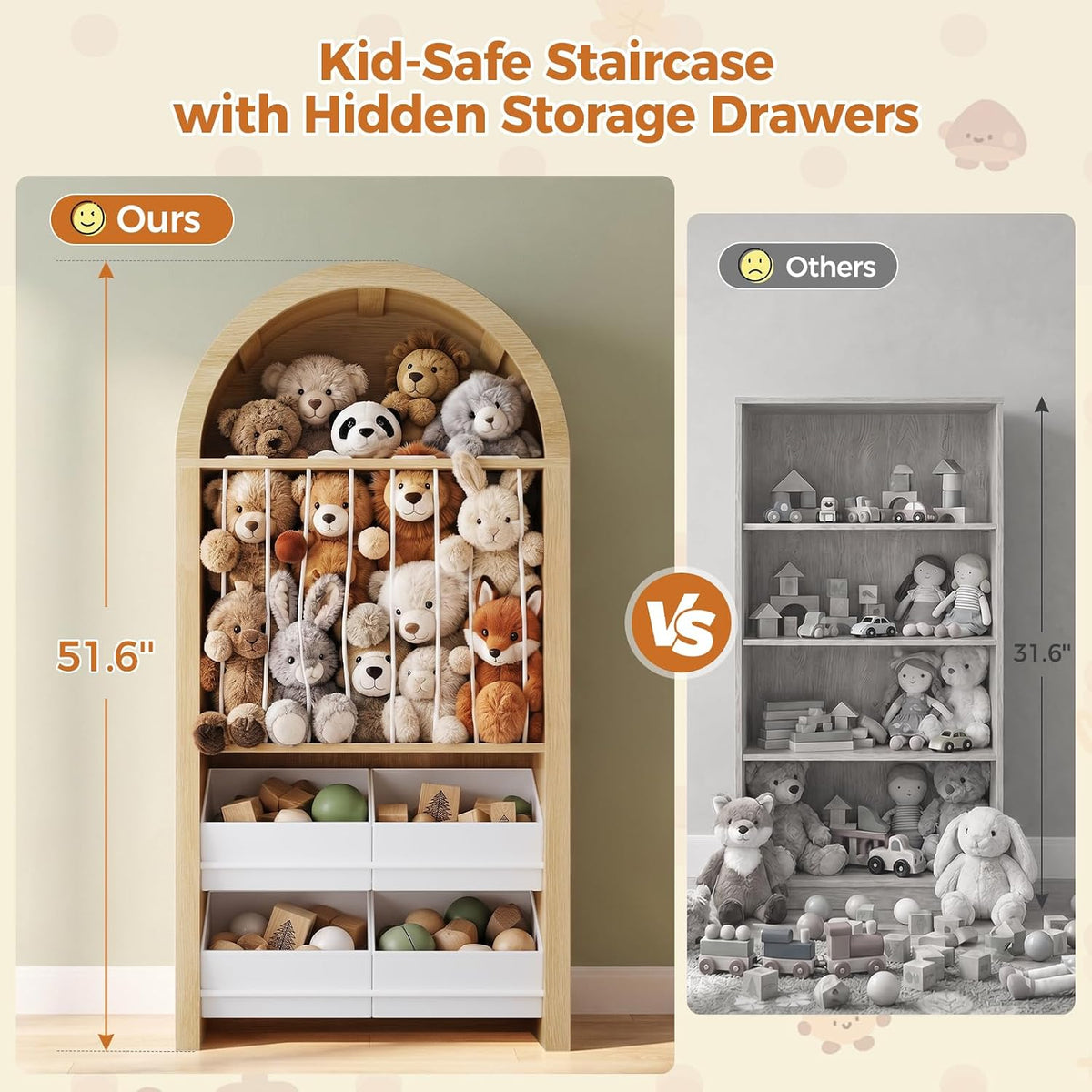UPOSOJA 51.8" Tall Arched Toy Storage Cabinets, Oak Color