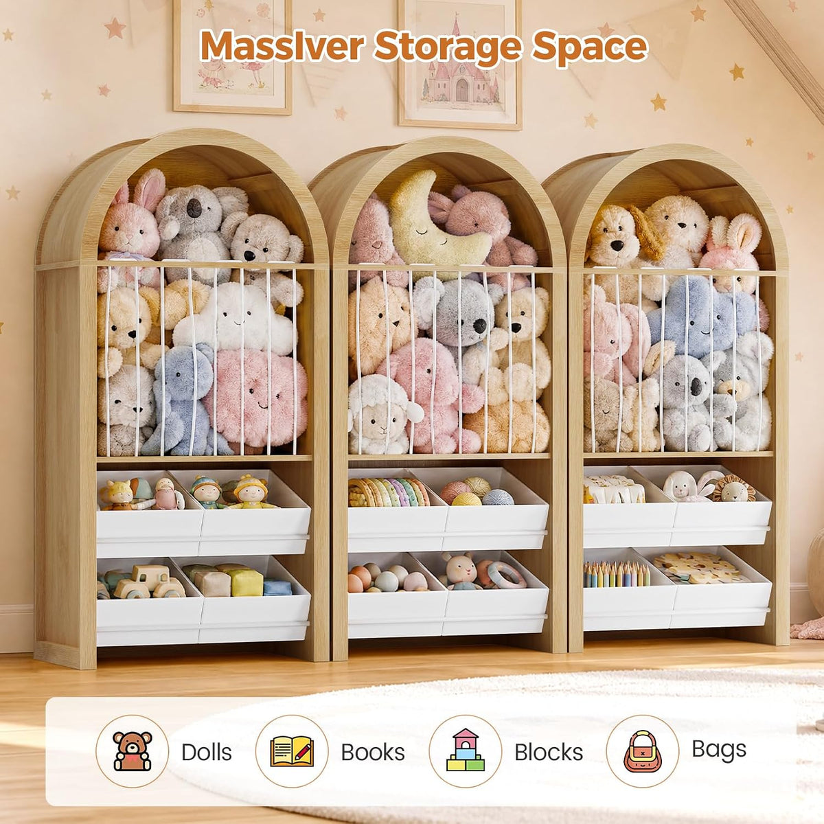UPOSOJA 51.8" Tall Arched Toy Storage Cabinets, Oak Color