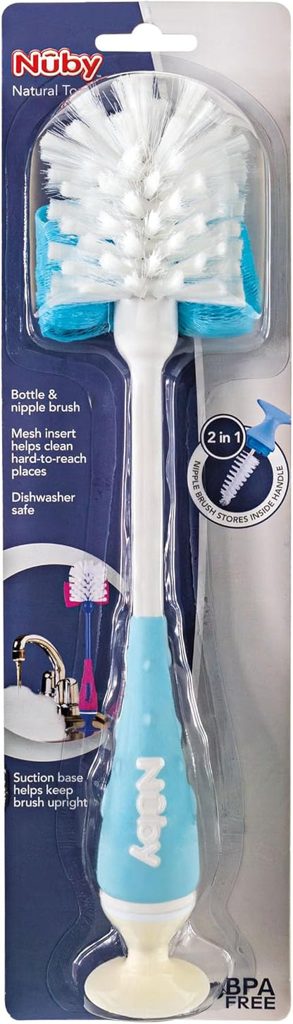 Nuby 2-in-1 Baby Bottle Brush with Stand - Soft Nylon Bristles - Dishwasher Safe - Bottle and Nipple Cleaning Tool - Aqua/White