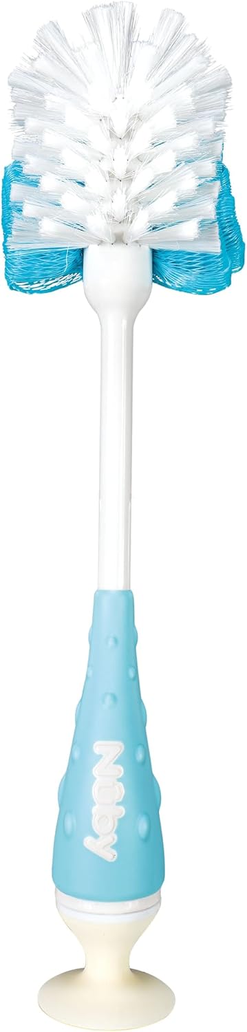 Nuby 2-in-1 Baby Bottle Brush with Stand - Soft Nylon Bristles - Dishwasher Safe - Bottle and Nipple Cleaning Tool - Aqua/White