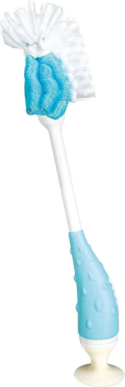 Nuby 2-in-1 Baby Bottle Brush with Stand - Soft Nylon Bristles - Dishwasher Safe - Bottle and Nipple Cleaning Tool - Aqua/White