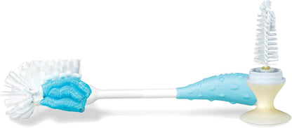 Nuby 2-in-1 Baby Bottle Brush with Stand - Soft Nylon Bristles - Dishwasher Safe - Bottle and Nipple Cleaning Tool - Aqua/White