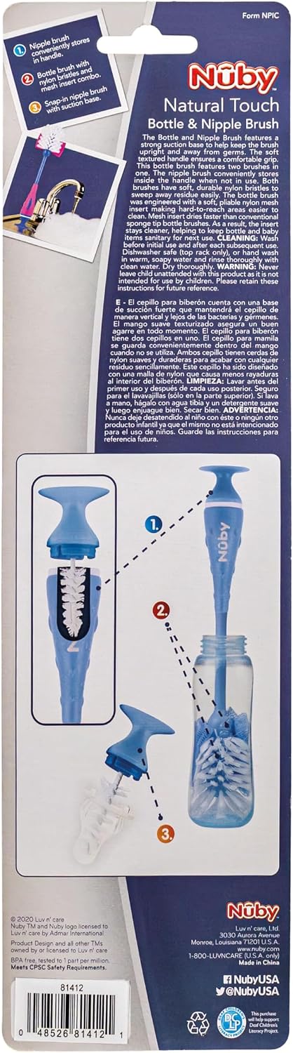 Nuby 2-in-1 Baby Bottle Brush with Stand - Soft Nylon Bristles - Dishwasher Safe - Bottle and Nipple Cleaning Tool - Aqua/White