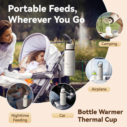 Portable Bottle Warmer - 12000mAh Long-Lasting, 3Min Fast Heating for Breastmilk/Formula/Water, Precise Temp Control with Handle for Travel, Camping, Airplane, Car, Gifts for Mom
