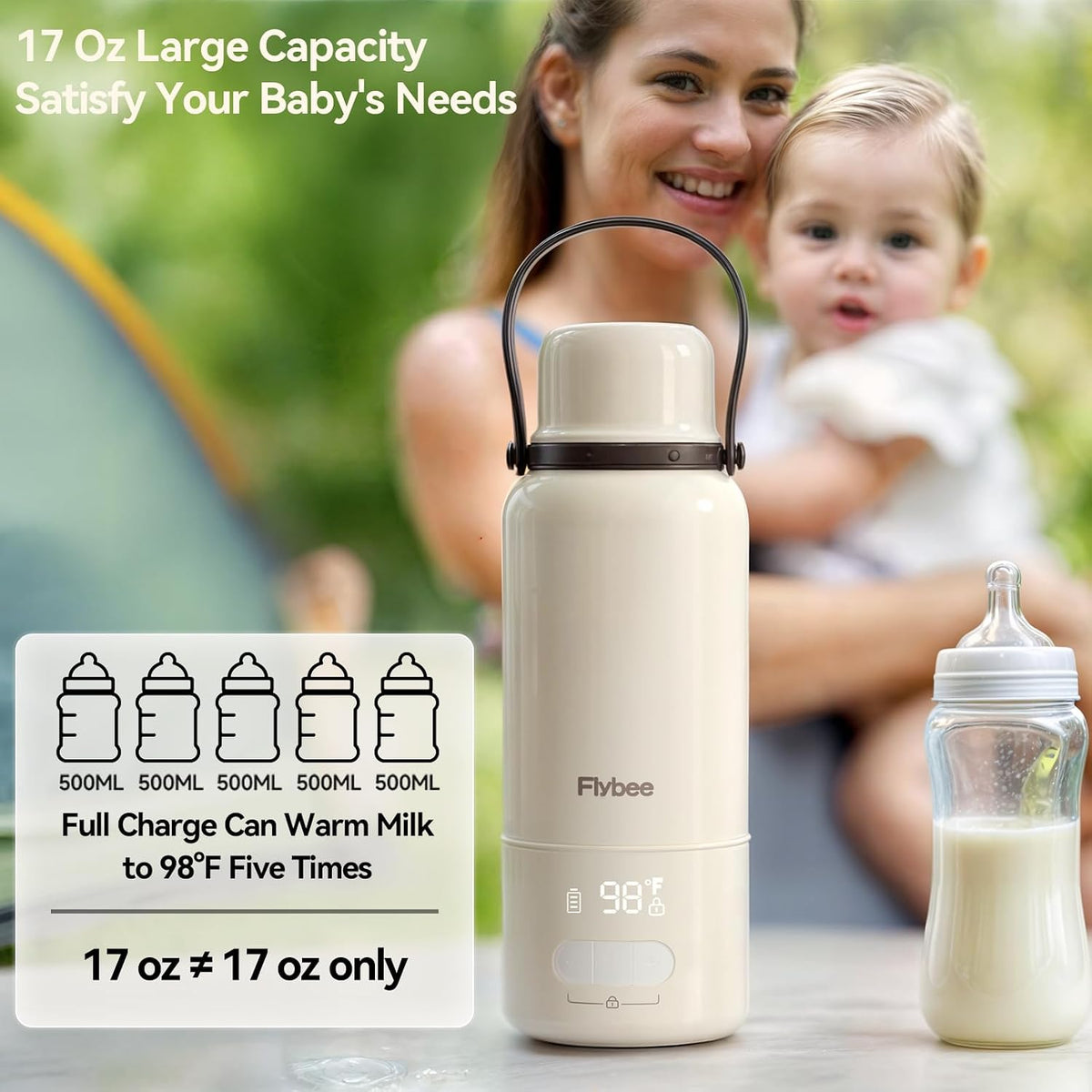 Portable Bottle Warmer - 12000mAh Long-Lasting, 3Min Fast Heating for Breastmilk/Formula/Water, Precise Temp Control with Handle for Travel, Camping, Airplane, Car, Gifts for Mom
