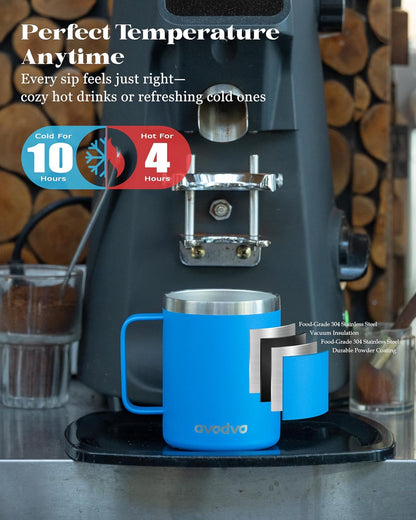 12oz Insulated Coffee Mug with Lid – Includes Two Lids, Stainless Steel Coffee Travel Mug with Handle, Double Wall Vacuum Insulated Camping Mug for Home, Office & Outdoor, Navy Blue - Colors B