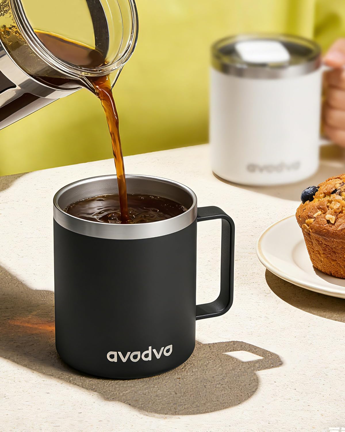 12oz Insulated Coffee Mug with Lid – Includes Two Lids, Stainless Steel Coffee Travel Mug with Handle, Double Wall Vacuum Insulated Camping Mug for Home, Office & Outdoor, Navy Blue - Colors B