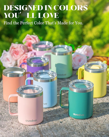 12oz Insulated Coffee Mug with Lid – Includes Two Lids, Stainless Steel Coffee Travel Mug with Handle, Double Wall Vacuum Insulated Camping Mug for Home, Office & Outdoor, Navy Blue - Colors B