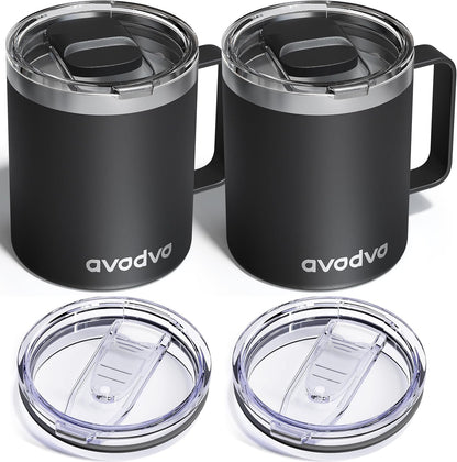12oz Insulated Coffee Mug with Lid – Includes Two Lids, Stainless Steel Coffee Travel Mug with Handle, Double Wall Vacuum Insulated Camping Mug for Home, Office & Outdoor, Navy Blue - Colors B