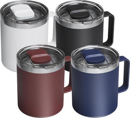 12oz Insulated Coffee Mug with Lid – Includes Two Lids, Stainless Steel Coffee Travel Mug with Handle, Double Wall Vacuum Insulated Camping Mug for Home, Office & Outdoor, Navy Blue - Colors B