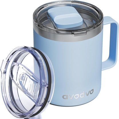 12oz Insulated Coffee Mug with Lid – Includes Two Lids, Stainless Steel Coffee Travel Mug with Handle, Double Wall Vacuum Insulated Camping Mug for Home, Office & Outdoor, Navy Blue - Colors B