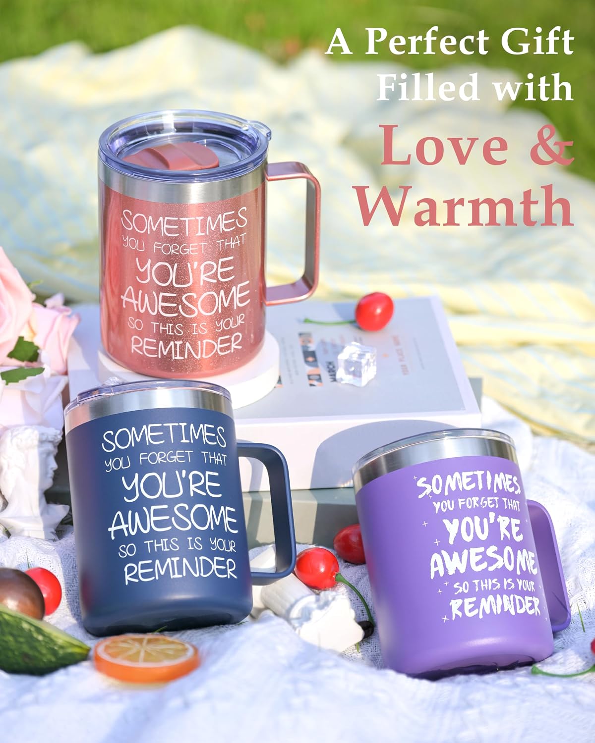 12oz Insulated Coffee Mug with Lid – Includes Two Lids, Stainless Steel Coffee Travel Mug with Handle, Double Wall Vacuum Insulated Camping Mug for Home, Office & Outdoor, Navy Blue - Colors B