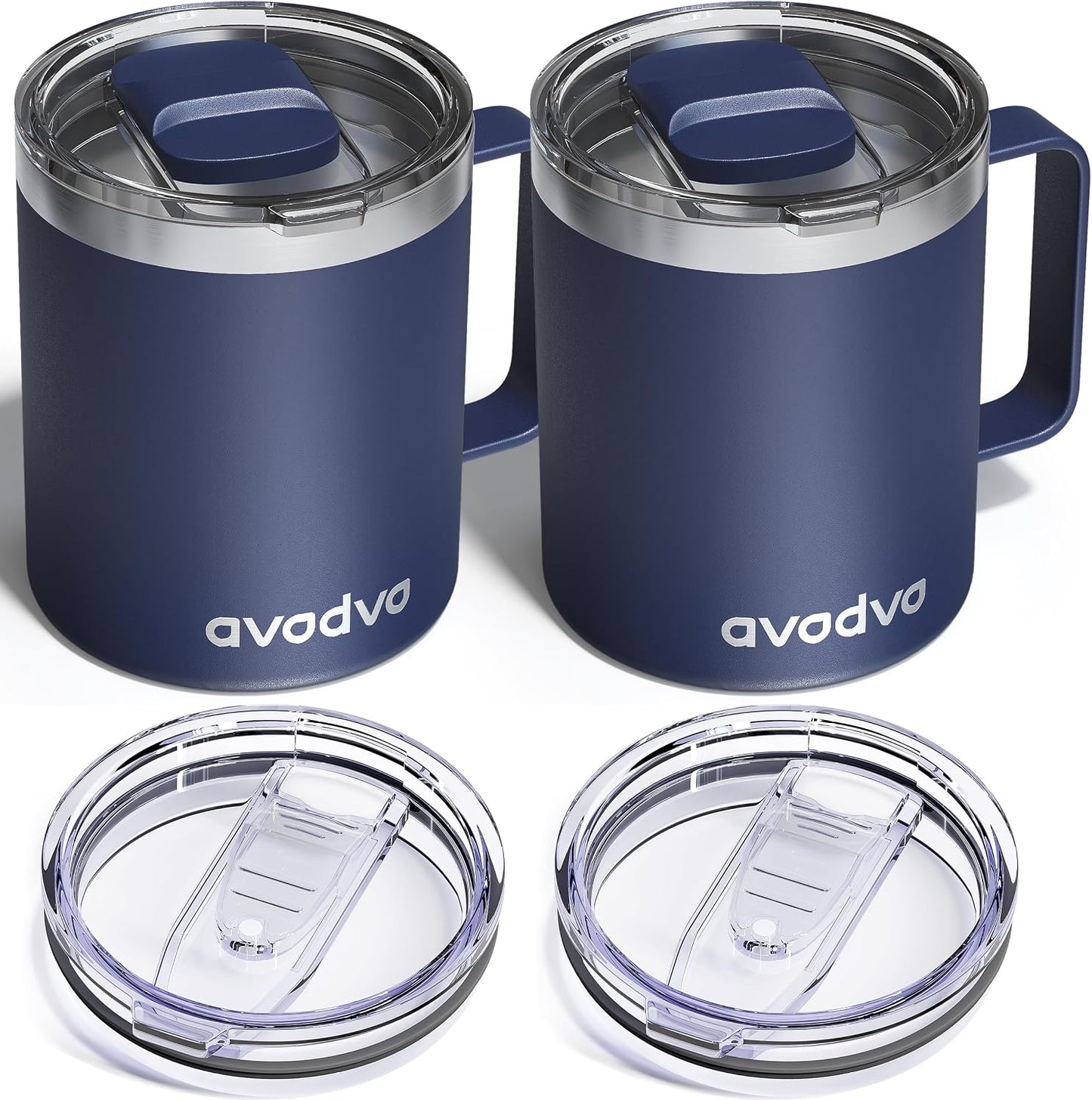 12oz Insulated Coffee Mug with Lid – Includes Two Lids, Stainless Steel Coffee Travel Mug with Handle, Double Wall Vacuum Insulated Camping Mug for Home, Office & Outdoor, Navy Blue - Colors B