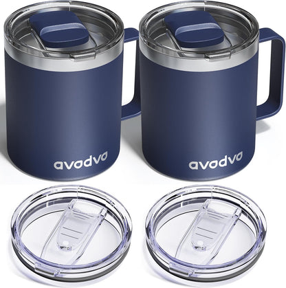 12oz Insulated Coffee Mug with Lid – Includes Two Lids, Stainless Steel Coffee Travel Mug with Handle, Double Wall Vacuum Insulated Camping Mug for Home, Office & Outdoor, Navy Blue - Colors B