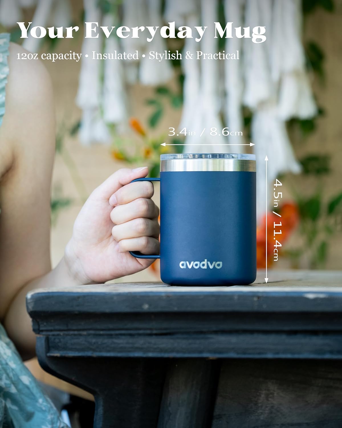 12oz Insulated Coffee Mug with Lid – Includes Two Lids, Stainless Steel Coffee Travel Mug with Handle, Double Wall Vacuum Insulated Camping Mug for Home, Office & Outdoor, Navy Blue - Colors B
