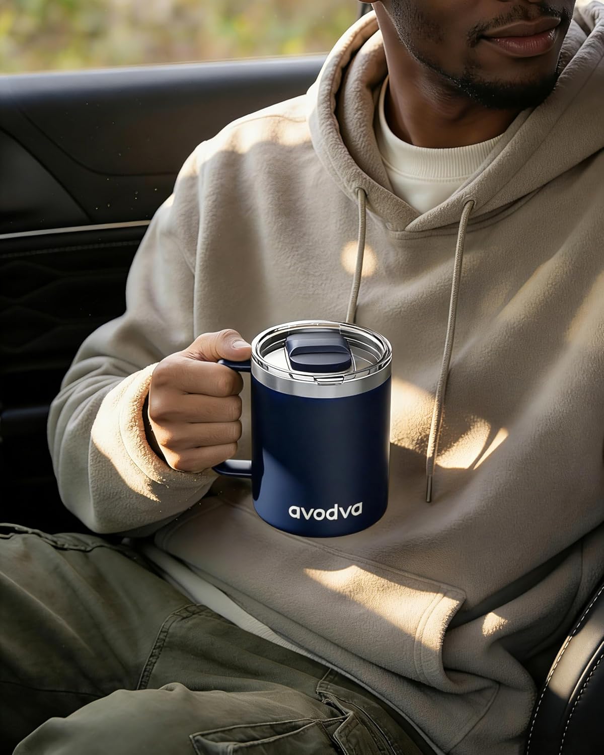 12oz Insulated Coffee Mug with Lid – Includes Two Lids, Stainless Steel Coffee Travel Mug with Handle, Double Wall Vacuum Insulated Camping Mug for Home, Office & Outdoor, Navy Blue - Colors B