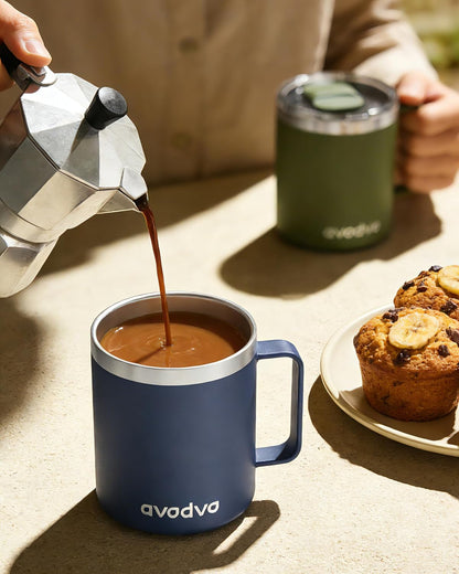 12oz Insulated Coffee Mug with Lid – Includes Two Lids, Stainless Steel Coffee Travel Mug with Handle, Double Wall Vacuum Insulated Camping Mug for Home, Office & Outdoor, Navy Blue - Colors B