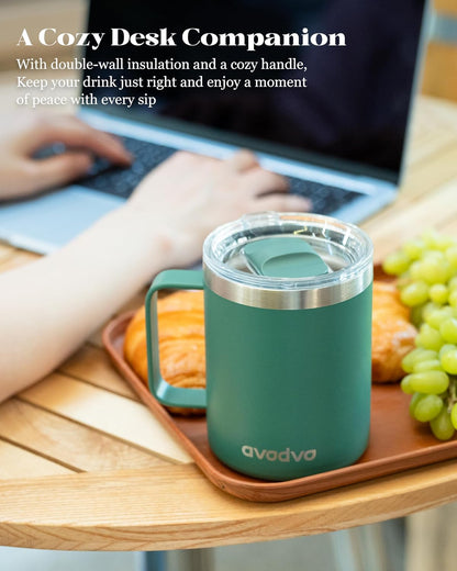 12oz Insulated Coffee Mug with Lid – Includes Two Lids, Stainless Steel Coffee Travel Mug with Handle, Double Wall Vacuum Insulated Camping Mug for Home, Office & Outdoor, Navy Blue - Colors B