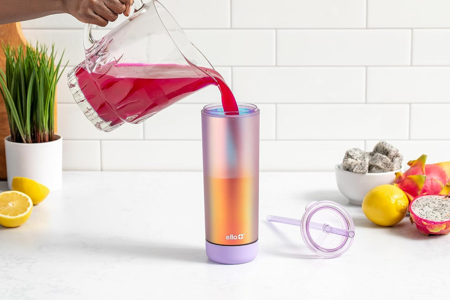 Monterey Double Walled Insulated Plastic Tumbler with Straw and Built-in Coaster, BPA Free, 24oz