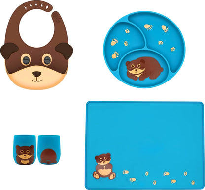 Silicone Baby Feeding Set with Cute Bib, Suction Divided Plate, Open Top Cup, and Travel Placemat, Cute Bear Design, Baby Led Weaning Supplies for Babies and Toddlers, Dishwasher Friendly