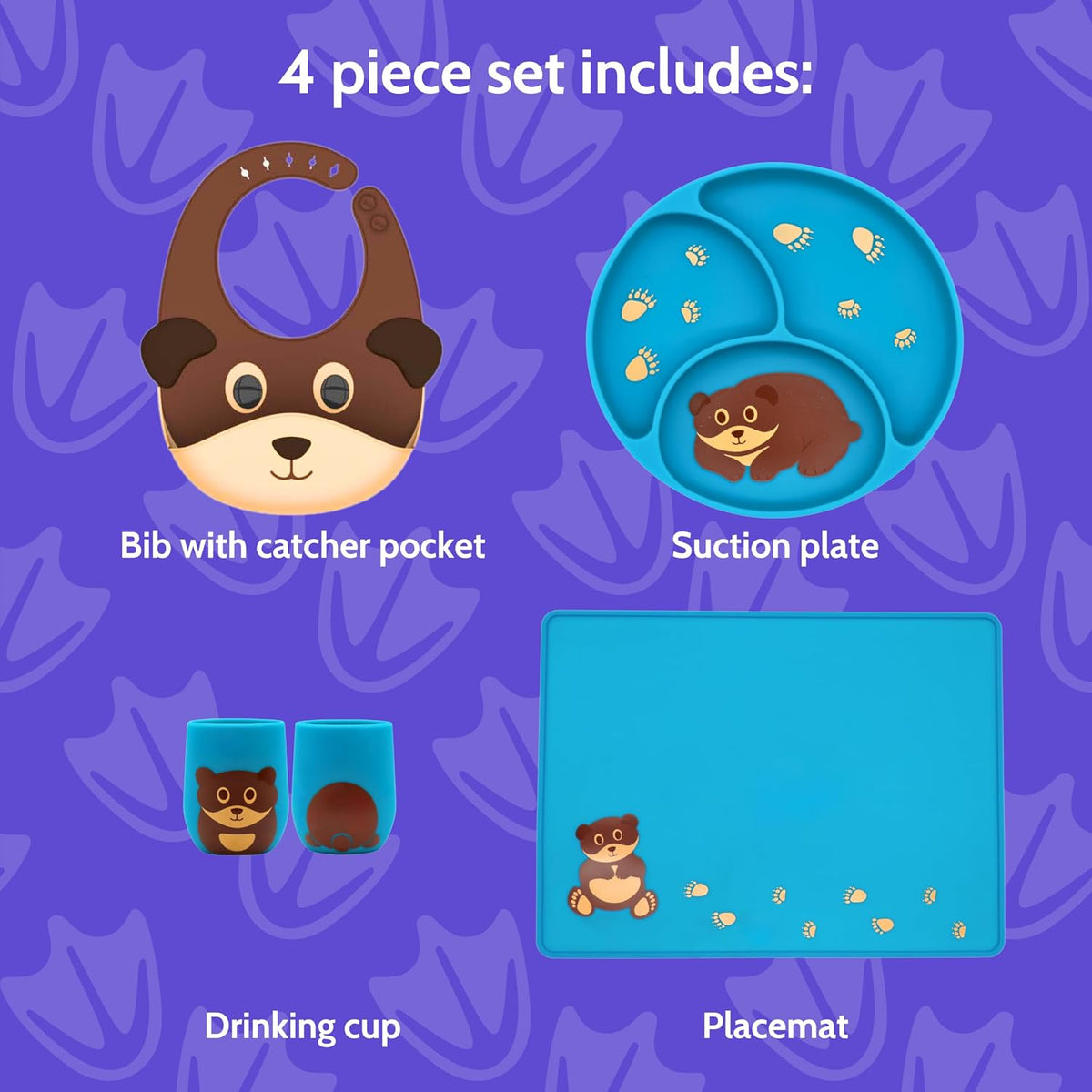 Silicone Baby Feeding Set with Cute Bib, Suction Divided Plate, Open Top Cup, and Travel Placemat, Cute Bear Design, Baby Led Weaning Supplies for Babies and Toddlers, Dishwasher Friendly