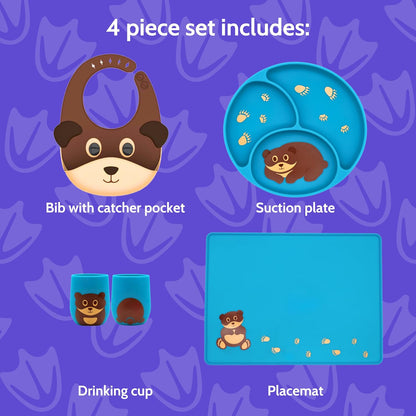 Silicone Baby Feeding Set with Cute Bib, Suction Divided Plate, Open Top Cup, and Travel Placemat, Cute Bear Design, Baby Led Weaning Supplies for Babies and Toddlers, Dishwasher Friendly