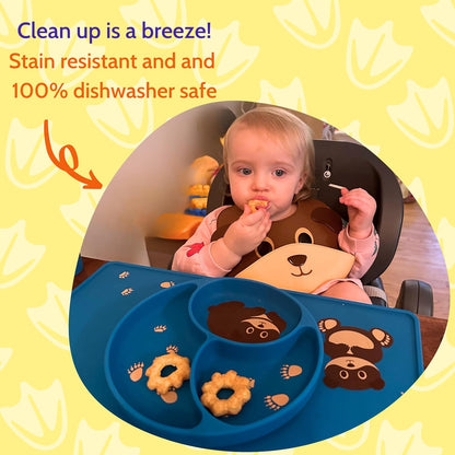 Silicone Baby Feeding Set with Cute Bib, Suction Divided Plate, Open Top Cup, and Travel Placemat, Cute Bear Design, Baby Led Weaning Supplies for Babies and Toddlers, Dishwasher Friendly