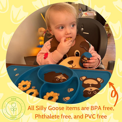Silicone Baby Feeding Set with Cute Bib, Suction Divided Plate, Open Top Cup, and Travel Placemat, Cute Bear Design, Baby Led Weaning Supplies for Babies and Toddlers, Dishwasher Friendly