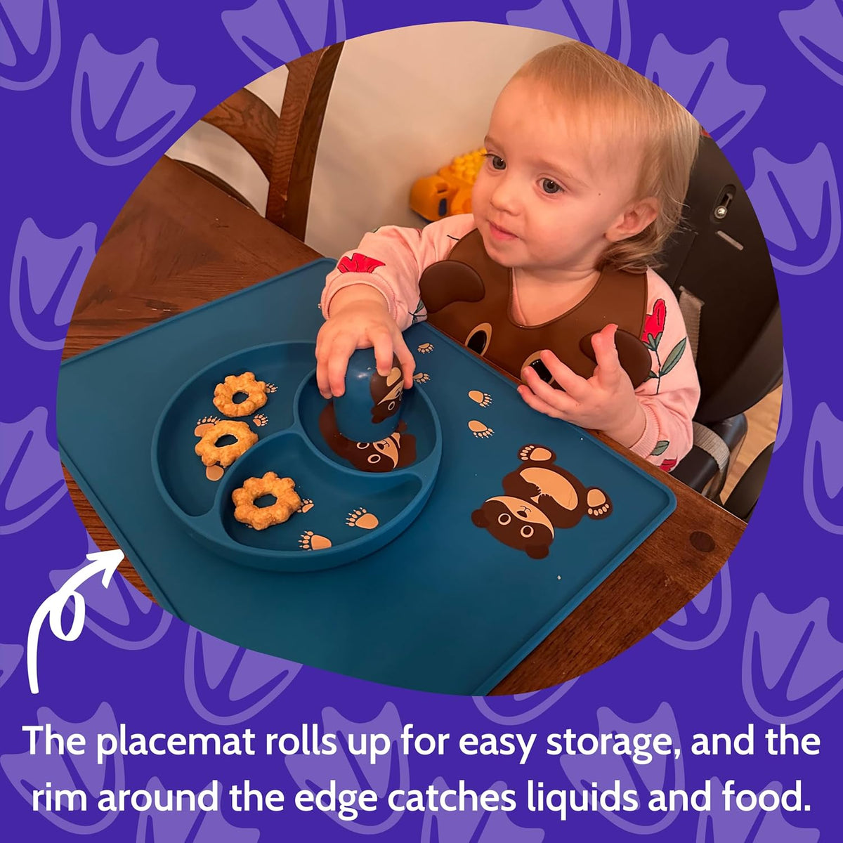 Silicone Baby Feeding Set with Cute Bib, Suction Divided Plate, Open Top Cup, and Travel Placemat, Cute Bear Design, Baby Led Weaning Supplies for Babies and Toddlers, Dishwasher Friendly