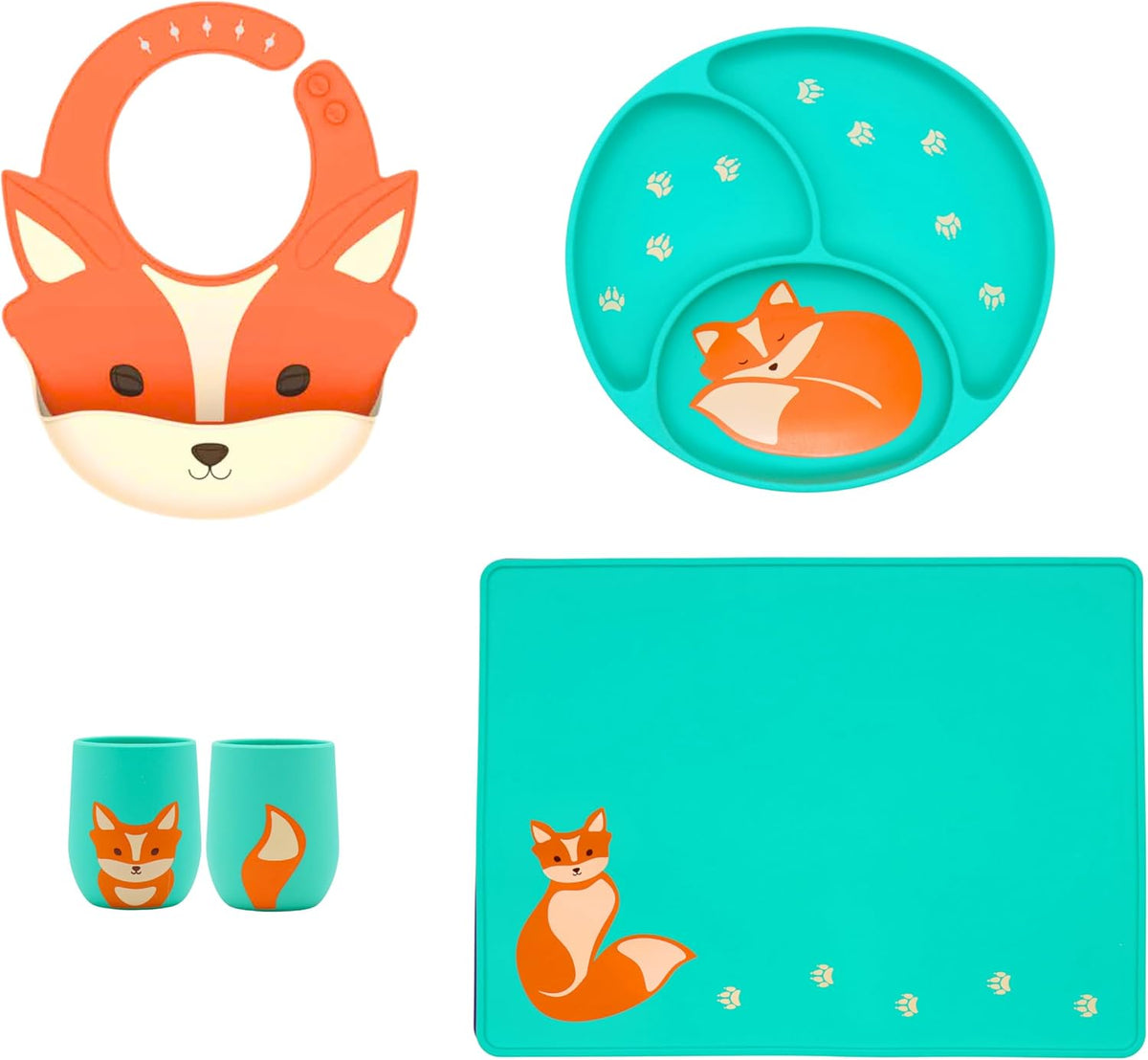 Silicone Baby Feeding Set with Cute Bib, Suction Divided Plate, Open Top Cup, and Travel Placemat, Cute Bear Design, Baby Led Weaning Supplies for Babies and Toddlers, Dishwasher Friendly