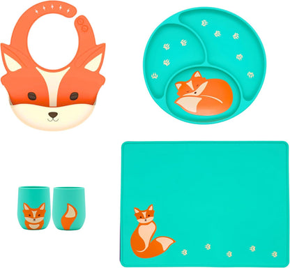 Silicone Baby Feeding Set with Cute Bib, Suction Divided Plate, Open Top Cup, and Travel Placemat, Cute Bear Design, Baby Led Weaning Supplies for Babies and Toddlers, Dishwasher Friendly
