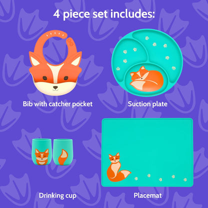 Silicone Baby Feeding Set with Cute Bib, Suction Divided Plate, Open Top Cup, and Travel Placemat, Cute Bear Design, Baby Led Weaning Supplies for Babies and Toddlers, Dishwasher Friendly