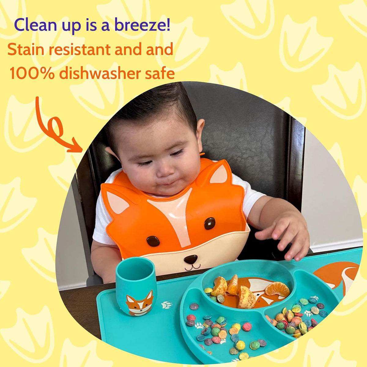 Silicone Baby Feeding Set with Cute Bib, Suction Divided Plate, Open Top Cup, and Travel Placemat, Cute Bear Design, Baby Led Weaning Supplies for Babies and Toddlers, Dishwasher Friendly
