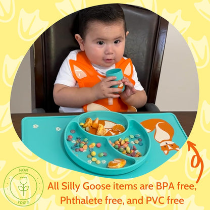 Silicone Baby Feeding Set with Cute Bib, Suction Divided Plate, Open Top Cup, and Travel Placemat, Cute Bear Design, Baby Led Weaning Supplies for Babies and Toddlers, Dishwasher Friendly