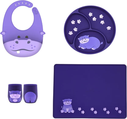 Silicone Baby Feeding Set with Cute Bib, Suction Divided Plate, Open Top Cup, and Travel Placemat, Cute Bear Design, Baby Led Weaning Supplies for Babies and Toddlers, Dishwasher Friendly