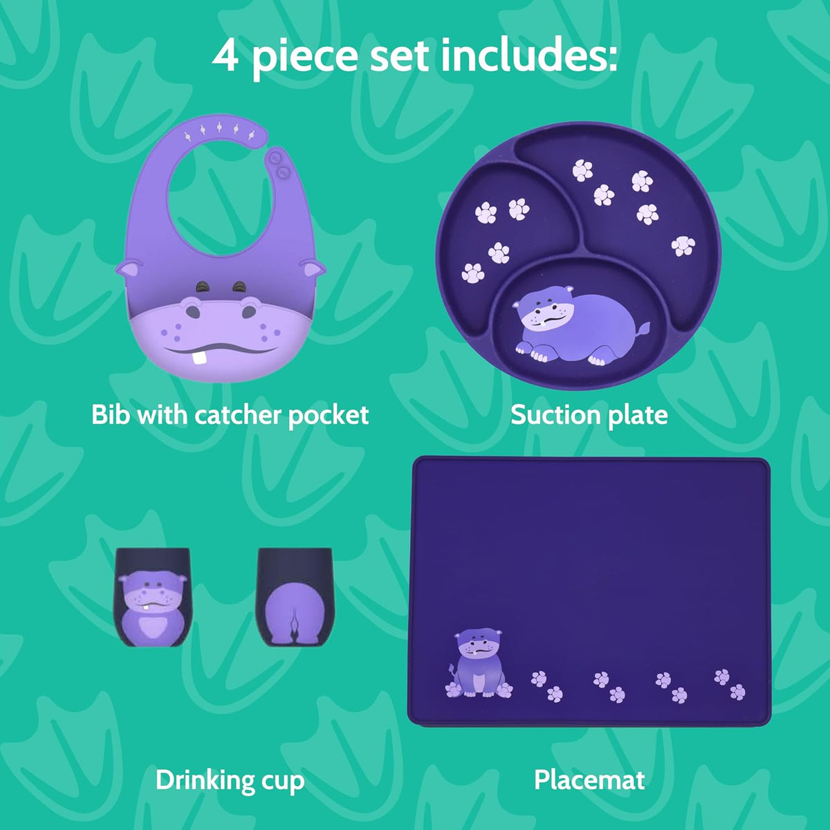 Silicone Baby Feeding Set with Cute Bib, Suction Divided Plate, Open Top Cup, and Travel Placemat, Cute Bear Design, Baby Led Weaning Supplies for Babies and Toddlers, Dishwasher Friendly