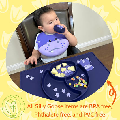 Silicone Baby Feeding Set with Cute Bib, Suction Divided Plate, Open Top Cup, and Travel Placemat, Cute Bear Design, Baby Led Weaning Supplies for Babies and Toddlers, Dishwasher Friendly