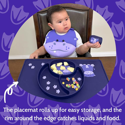Silicone Baby Feeding Set with Cute Bib, Suction Divided Plate, Open Top Cup, and Travel Placemat, Cute Bear Design, Baby Led Weaning Supplies for Babies and Toddlers, Dishwasher Friendly