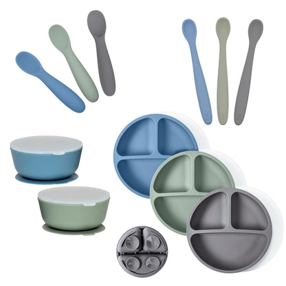 Silicone Mealtime Essentials Bundle | Ages 4+ Months | Suction Plates, Suction Bowls, Self-Feeding & Infant Feeding Spoons