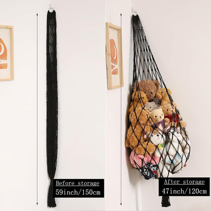 Stuffed Animal Hammock Corner, Boho Macrame Plush Toy Storage Net for Wall, Hanging Stuffed Animal Holder for Nursery, Playroom, Kids Room, Cream