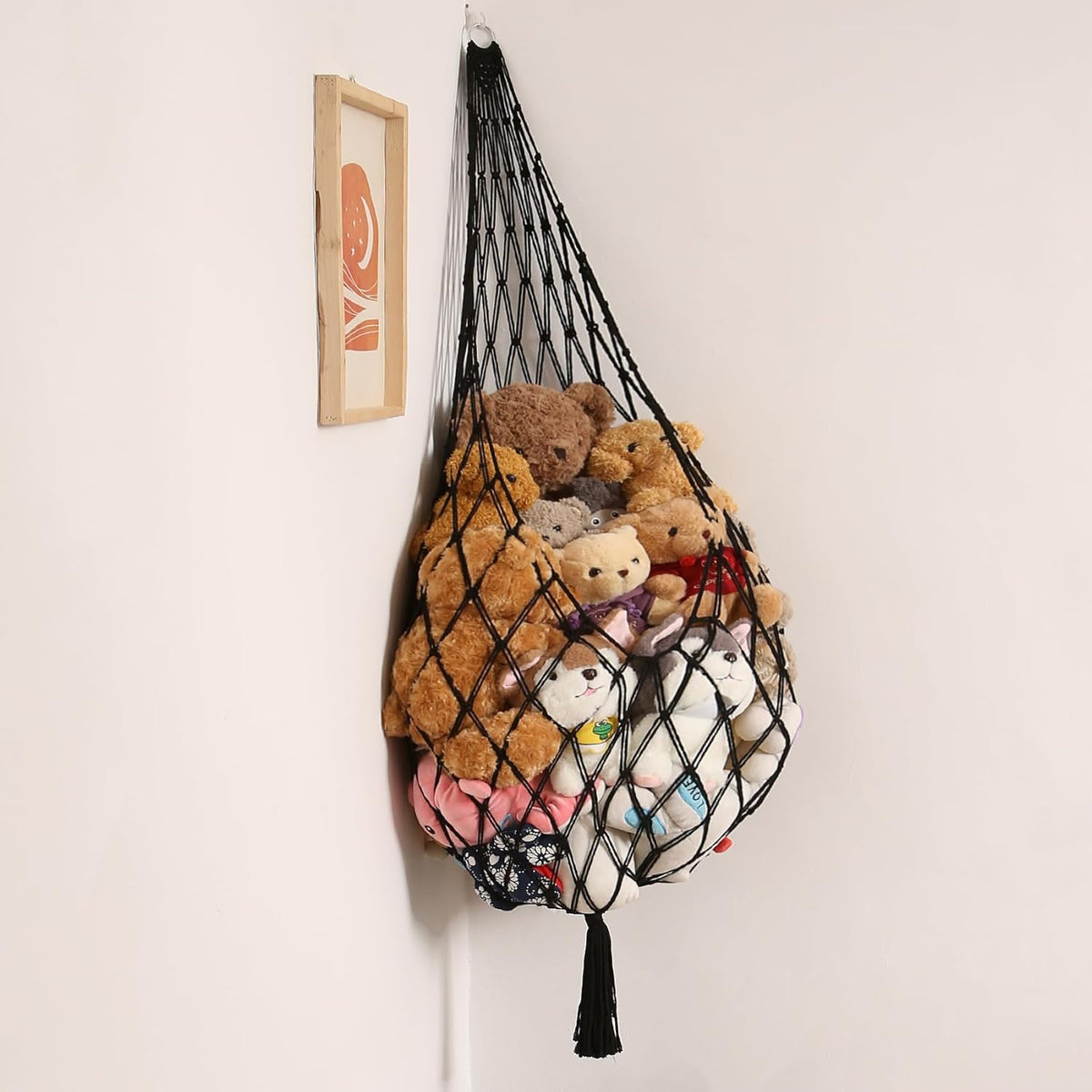Stuffed Animal Hammock Corner, Boho Macrame Plush Toy Storage Net for Wall, Hanging Stuffed Animal Holder for Nursery, Playroom, Kids Room, Cream