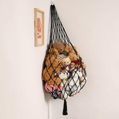 Stuffed Animal Hammock Corner, Boho Macrame Plush Toy Storage Net for Wall, Hanging Stuffed Animal Holder for Nursery, Playroom, Kids Room, Cream