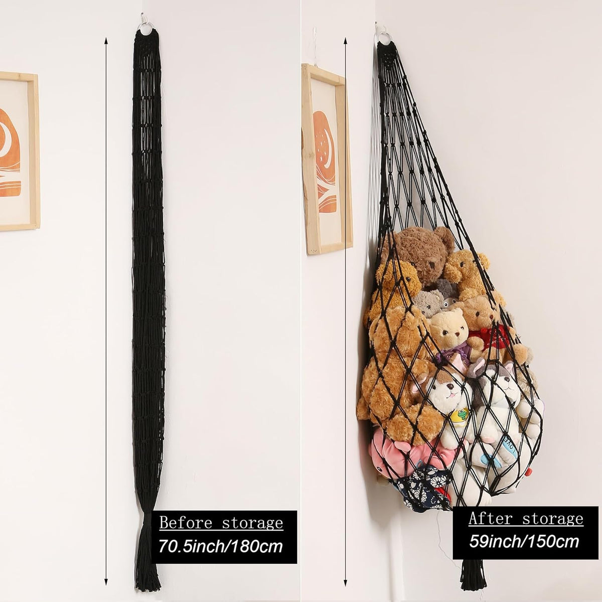 Stuffed Animal Hammock Corner, Boho Macrame Plush Toy Storage Net for Wall, Hanging Stuffed Animal Holder for Nursery, Playroom, Kids Room, Cream