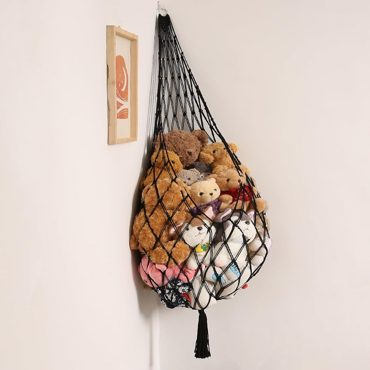 Stuffed Animal Hammock Corner, Boho Macrame Plush Toy Storage Net for Wall, Hanging Stuffed Animal Holder for Nursery, Playroom, Kids Room, Cream